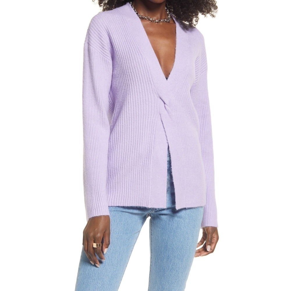 Open Edit Women's Rib Twist Front Sweater Purple Size S